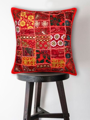 20" Unique Vintage Fabric Patchwork Boho Multi Embroidered Accent Cotton Square Throw Pillow Cover
