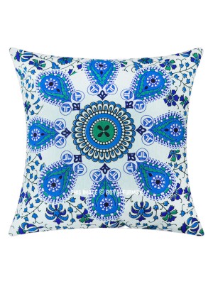 16" White & Blue Boho Chic Mandala Cotton Square Throw Pillow Cover Cushion Case 16x16