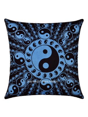 16" Black Multi Yin Yang Printed Throw Pillow Cover Cotton Square Decorative Tie Dye Cushion Cover