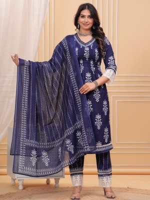 Blue Chic Pleated V-Neckline Cotton Kurti Pant Dupatta Salwar Kameez - Set Of 3