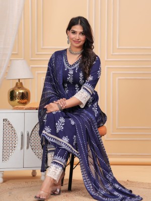 Blue Chic Pleated V-Neckline Cotton Kurti Pant Dupatta Salwar Kameez - Set Of 3