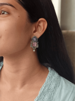 Antique Silver Monalisa Stonework Stud Earring Traditional Indian Bohochic Party Wear Earring