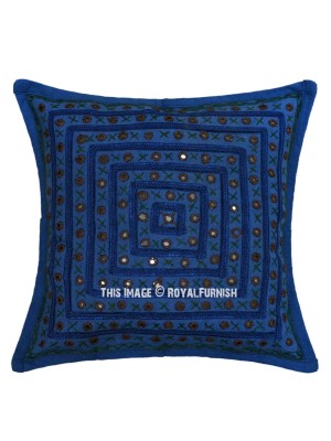 16" Unique Indian Handmade Mirror Work Embroidered Bohemian Square Decorative Throw Pillow Case