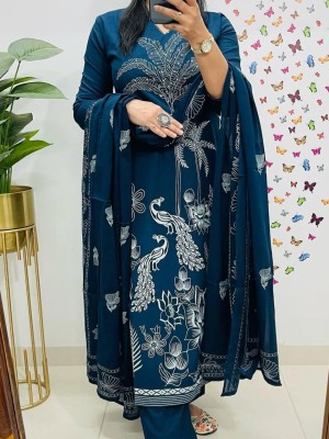 Blue Peacock Print V-Neck Straight Fit Cotton Kurti Pant Dupatta Salwar Kameez - Set Of 3