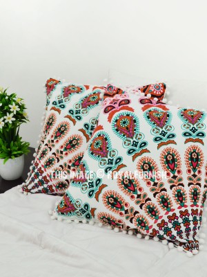16" White Multi Bohemian Cushion Cover Cotton Square Decorative PomPom Throw Pillow Case (Set of 2)