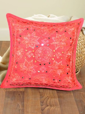 16" Unique Jaipuri Handmade Mirror Work Star Embroidered Square Gypsy Decorative Throw Pillow Cover