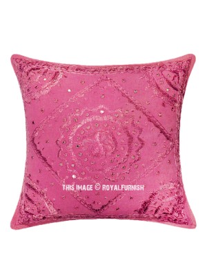 24" Large Indian Handmade Mirror Work Embroidered Square Boho Decorative Throw Pillow Cover