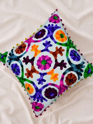 16" Bohemian Multi Colorful Suzani Handmade Embroidered Square Decorative Throw Pillow Cover