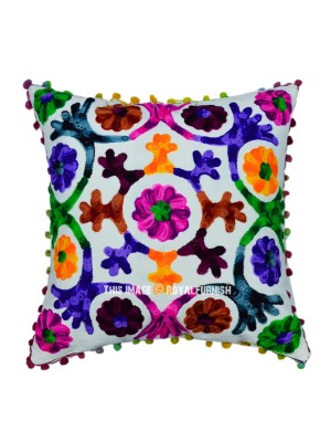 16" Bohemian Multi Colorful Suzani Handmade Embroidered Square Decorative Throw Pillow Cover