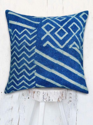 16" Indigo Blue Kilim Cushion Cover Cotton Handwoven Square Mudcloth Decorative Throw Pillow Cover