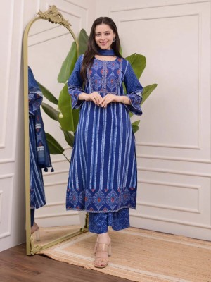 Beautiful Royal Blue Ethnic Wear Cotton Kurti Pant Dupatta Salwar Kameez For Women - Set Of 3