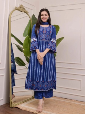 Beautiful Royal Blue Ethnic Wear Cotton Kurti Pant Dupatta Salwar Kameez For Women - Set Of 3