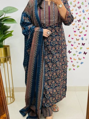 Beautiful Royal Blue Heavy Printed Straight Fit Cotton Kurti Pant Dupatta Salwar Kameez For Women - Set Of 3
