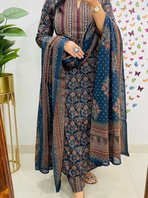 Beautiful Royal Blue Heavy Printed Straight Fit Cotton Kurti Pant Dupatta Salwar Kameez For Women - Set Of 3