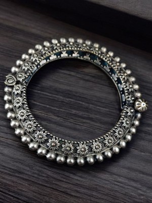 Antique Rajasthani Bangdi Kangan Flower Kada Silver Oxidised Adjustable Bracelet Gypsy Bangle