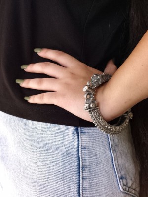 Tribal Indian Elephant Designer Kangan Kada Silver Oxidised Openable Free Size Bracelet Bangle