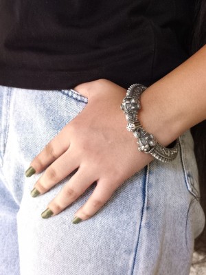 Tribal Indian Elephant Designer Kangan Kada Silver Oxidised Openable Free Size Bracelet Bangle