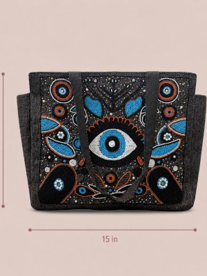 Bohemian Evil Eye Jute Tote Bag Traditional Beaded Embellished Stylish Shoulder Bag