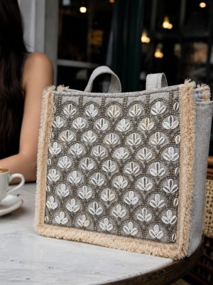 Bohemian Jute Tote Bag Ethnic Rajasthani Kaudi Beaded Embellished Stylish Shoulder Bag for Women