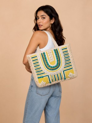 Bohochic Jute Tote Bag for Girls Ethnic Rajasthani Kaudi & Pearl Beads Embellished Stylish Shoulder Bag