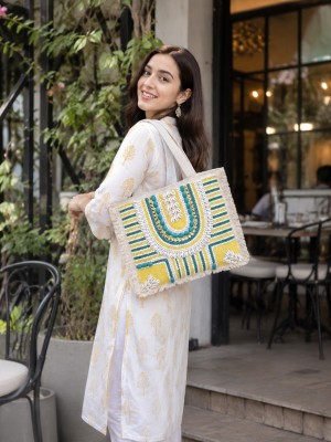 Bohochic Jute Tote Bag for Girls Ethnic Rajasthani Kaudi & Pearl Beads Embellished Stylish Shoulder Bag