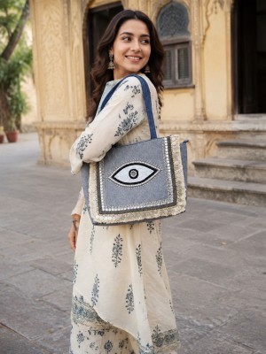 Stylish Boho Beaded Third Eye Tote Bag Denim Straps Shoulder Bag for Casual Outings & Beach Days