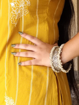 Lovely Ethnic Pearl Beaded Handcuff Bracelet Openable Free Size Silver Replica Floral Handmade Bangle