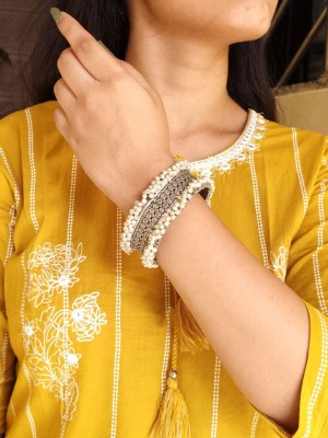 Exquisite Handcrafted Pearl Beaded Handcuff Bracelet Openable Free Size Traditional Silver Replica Bangle