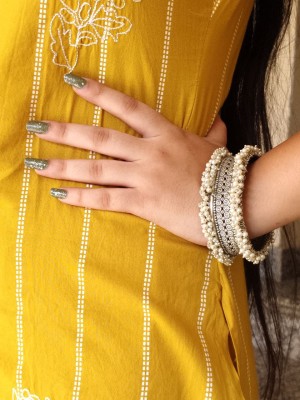 Exquisite Handcrafted Pearl Beaded Handcuff Bracelet Openable Free Size Traditional Silver Replica Bangle