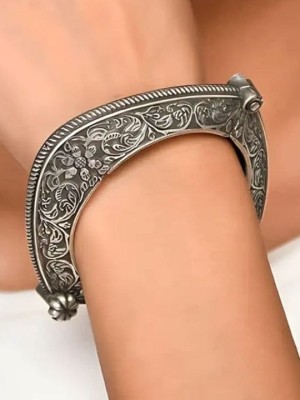 Tribal Rustic Floral Art Oxidized Silver Bangle Bracelet Kada Openable Free Size Kangan for Women