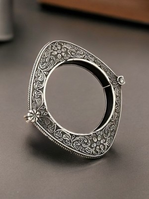 Tribal Rustic Floral Art Oxidized Silver Bangle Bracelet Kada Openable Free Size Kangan for Women