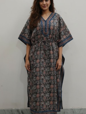 Multi Color Free Size Cotton Hand Block Floral Printed Maternity Kaftan for Baby Feeding Maxi Boho Hippy Caftan with Hidden Zip