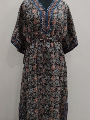 Multi Color Free Size Cotton Hand Block Floral Printed Maternity Kaftan for Baby Feeding Maxi Boho Hippy Caftan with Hidden Zip