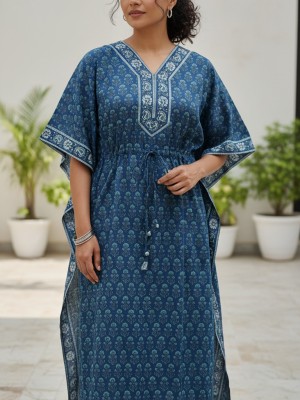 Blue Color Free Size Cotton Hand Block Floral Printed Maternity Kaftan for Baby Feeding Maxi Boho Hippy Caftan with Hidden Zip