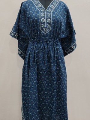 Blue Color Free Size Cotton Hand Block Floral Printed Maternity Kaftan for Baby Feeding Maxi Boho Hippy Caftan with Hidden Zip