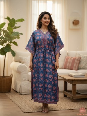 Blue Color Free Size Cotton Hand Block Floral Printed Maternity Kaftan for Baby Feeding Maxi Boho Hippy Caftan with Hidden Zip