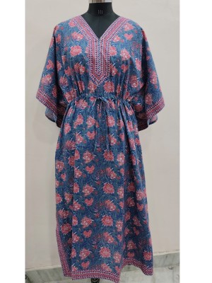 Blue Color Free Size Cotton Hand Block Floral Printed Maternity Kaftan for Baby Feeding Maxi Boho Hippy Caftan with Hidden Zip