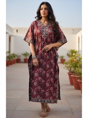 Maroon Color Free Size Cotton Hand Block Floral Printed Maternity Kaftan for Baby Feeding Maxi Boho Hippy Caftan with Hidden Zip