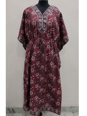 Maroon Color Free Size Cotton Hand Block Floral Printed Maternity Kaftan for Baby Feeding Maxi Boho Hippy Caftan with Hidden Zip