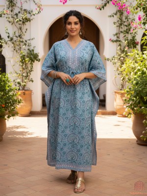 Sky Blue Color Free Size Cotton Hand Block Floral Printed Maternity Kaftan for Baby Feeding Maxi Boho Hippy Caftan with Hidden Zip