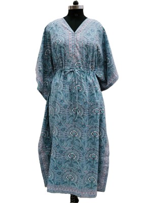 Sky Blue Color Free Size Cotton Hand Block Floral Printed Maternity Kaftan for Baby Feeding Maxi Boho Hippy Caftan with Hidden Zip