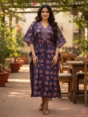 Multi Color Free Size Cotton Hand Block Floral Printed Maternity Kaftan for Baby Feeding Maxi Boho Hippy Caftan with Zip