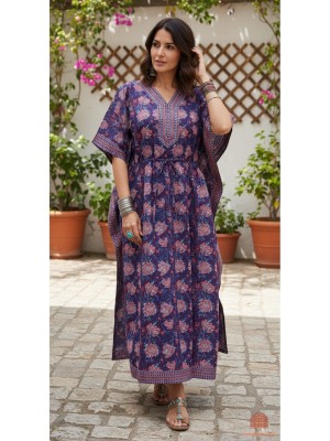 Multi Color Free Size Cotton Hand Block Floral Printed Maternity Kaftan for Baby Feeding Maxi Boho Hippy Caftan with Zip