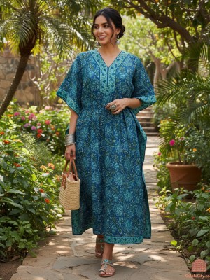 Blue Color Free Size Cotton Hand Block Floral Printed Maternity Kaftan for Baby Feeding Maxi Boho Hippy Caftan with Zip