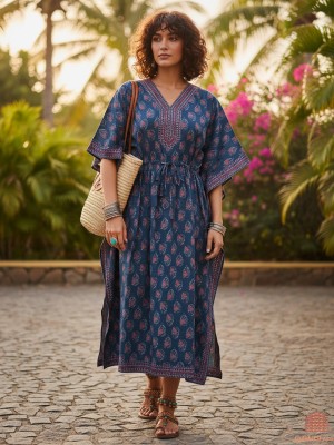 Teal Green Color Free Size Cotton Hand Block Floral Printed Maternity Kaftan for Baby Feeding Maxi Boho Hippy Caftan with Zip