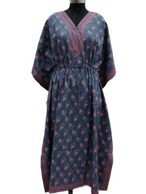 Teal Green Color Free Size Cotton Hand Block Floral Printed Maternity Kaftan for Baby Feeding Maxi Boho Hippy Caftan with Zip