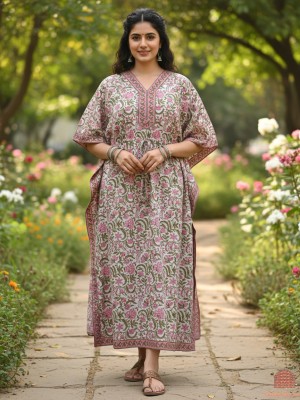 White Color Free Size Cotton Hand Block Floral Printed Maternity Kaftan for Baby Feeding Maxi Boho Hippy Caftan with Zip