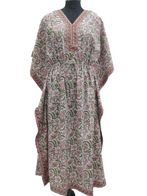 White Color Free Size Cotton Hand Block Floral Printed Maternity Kaftan for Baby Feeding Maxi Boho Hippy Caftan with Zip