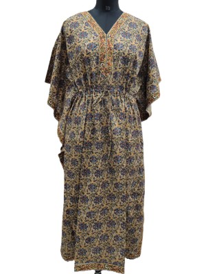 Green Color Free Size Cotton Hand Block Floral Printed Maternity Kaftan for Baby Feeding Maxi Boho Hippy Caftan with Zip