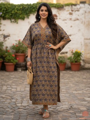 Green Color Free Size Cotton Hand Block Floral Printed Maternity Kaftan for Baby Feeding Maxi Boho Hippy Caftan with Zip